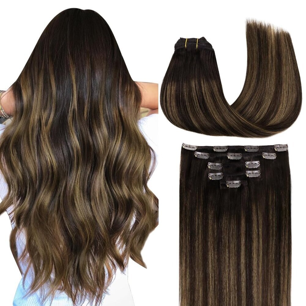 Hair Extensions Clip in Human Hair 16 Inch Balayage Dark Brown Chestnut